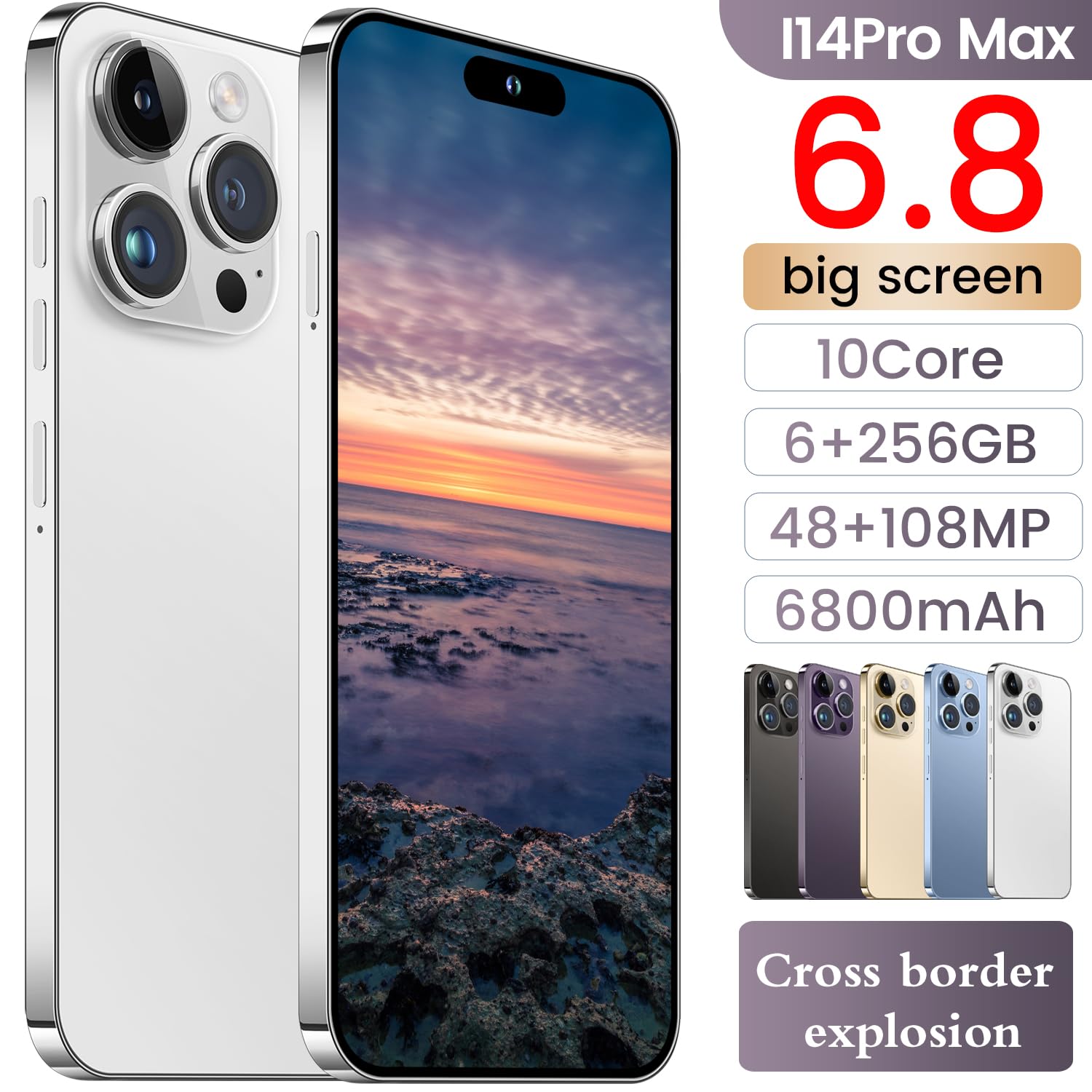 I14 Pro Max Unlocked Smartphone, 6+256GB, Android 13.0 Unlocked Cell Phones, 6.82