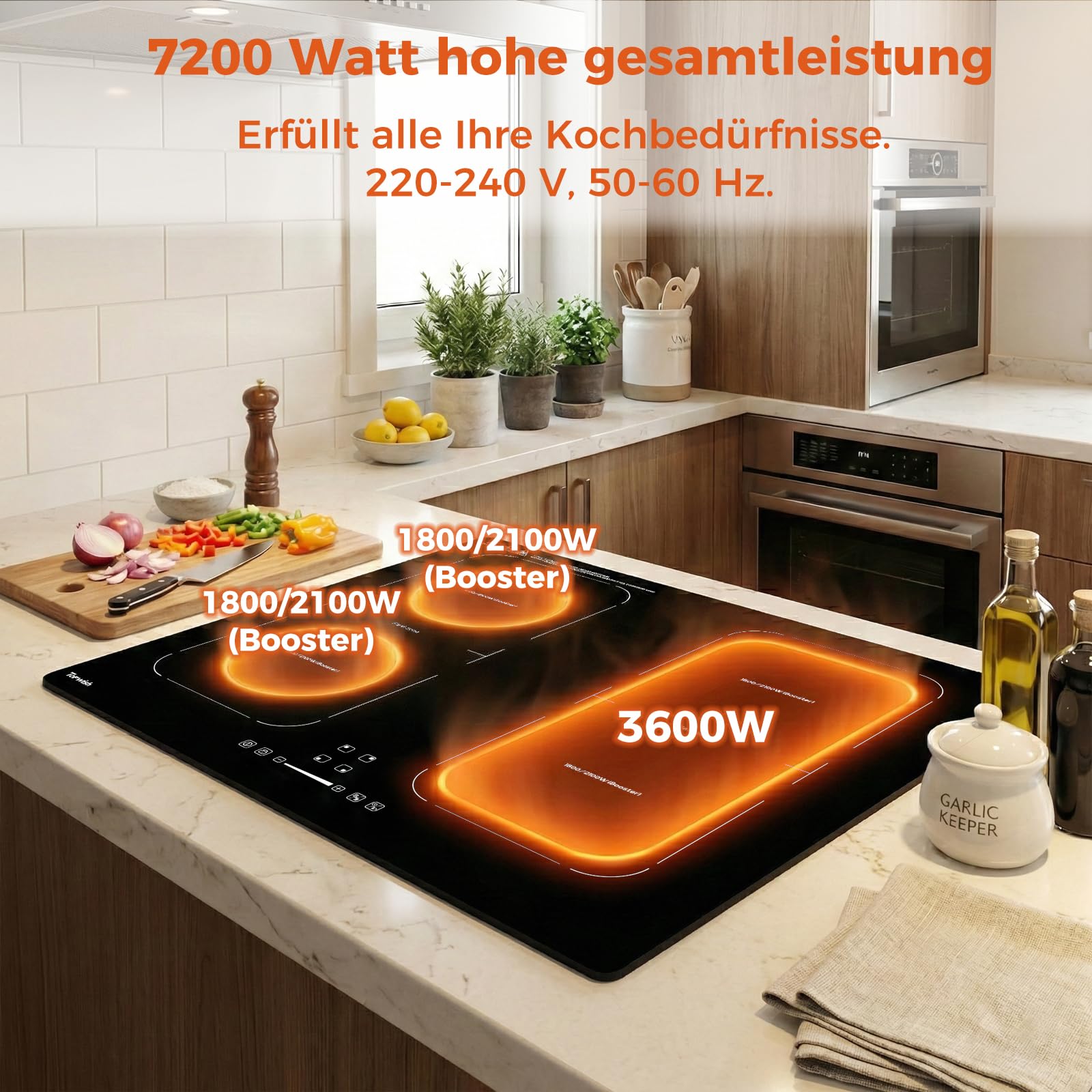 Topwish Induktionskochfeld 4 platten mit Flexzonen, Induktionskochfeld einbau 60cm,herdplatte 4 kochfelder mit Boost-Funktion, Timer, Kindersicherung, Überhitzungsschutz und Warmhalten,7200W 2