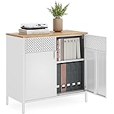 SONGMICS Storage Sideboard, Buffet Table with Adjustable Shelves, Floor Storage Cupboard, Steel Frame, Natural and White ULSC