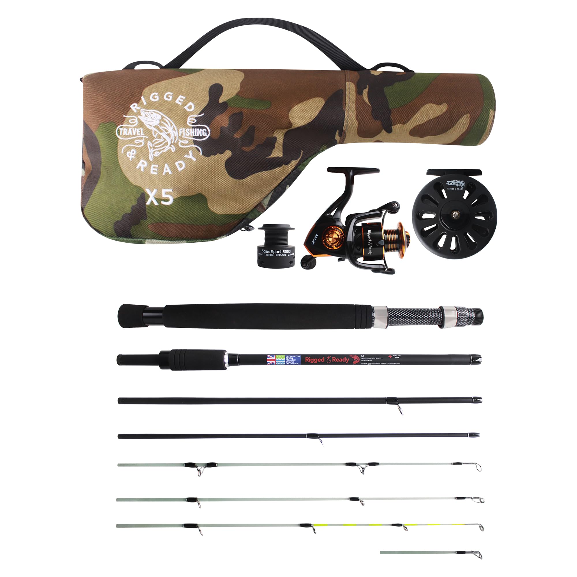 Rigged and Ready X5 Travel Fishing Combination. Super Compact Spin/Fly Travel Rod, 1 spin+1 fly reel+case. 1 rod 5 fishing options. 2.2m (7’ 2”)+1.9m (6'3") lengths. Multi-function fishing rod.