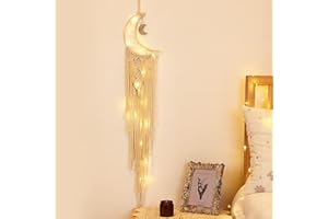 Shinowa Moon Shape Dream Catcher, Cotton Woven Wall Hanging Moon Dream Catcher with Fairy Lights Macrame Wall Decoration Bohemian Decor Creative Tassel Home Hangings Boho Ornament Craft, Beige