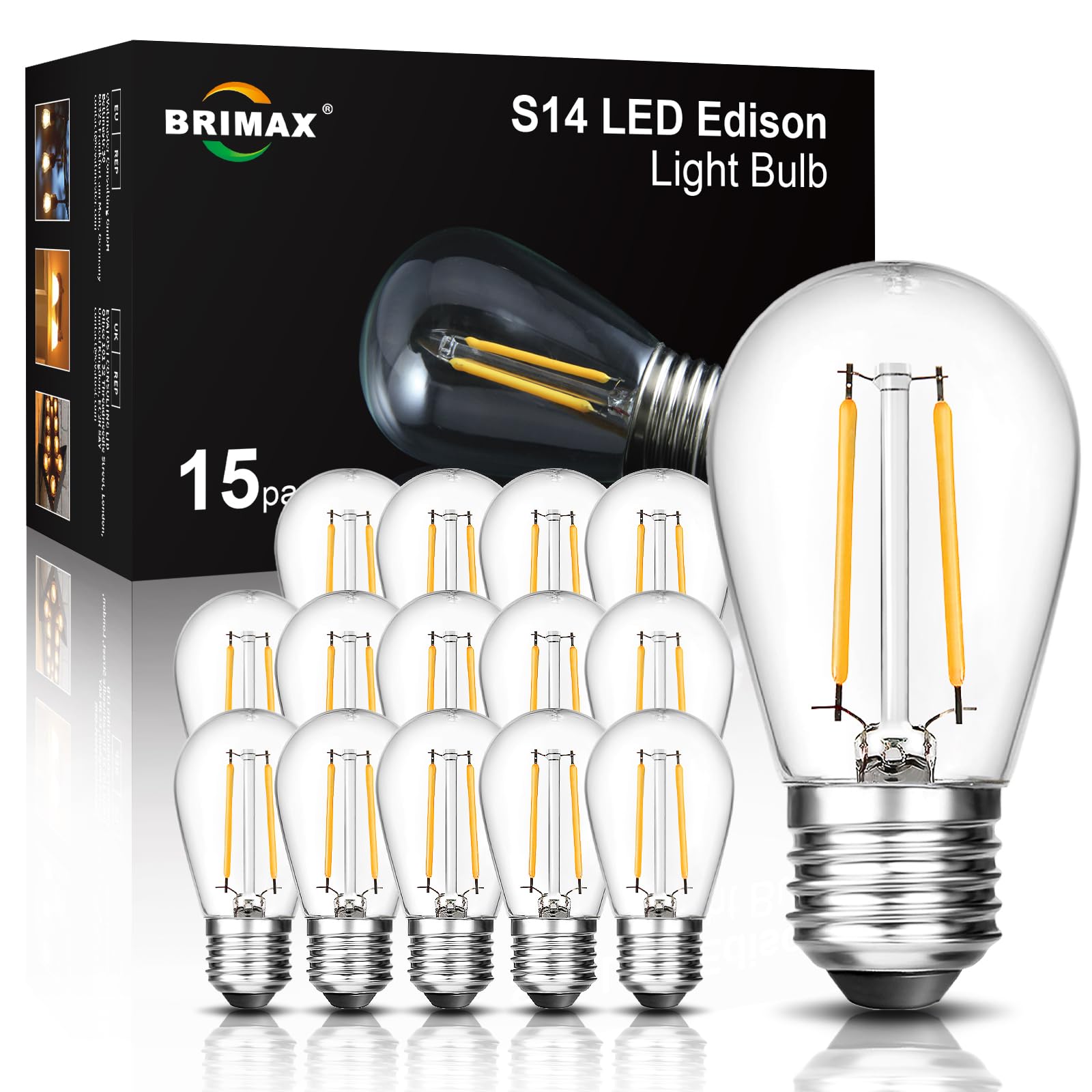 Photo 1 of BRIMAX 2w S14 Led Edison Light Bulbs Outdoor 11w Incandescent Filament Bulb Replacement 2700K Bright Warm White Dimmable, E26 Base Durable Led Bulb for Outdoor Patio String Light,15pack