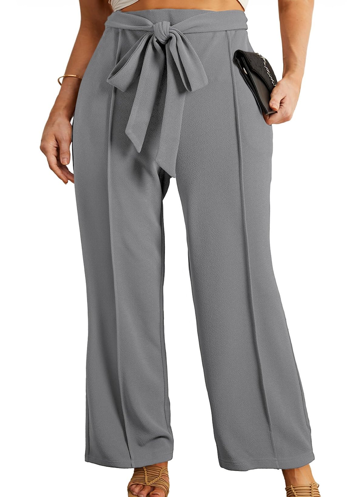 Photo 1 of Eytino Womens Plus Size Pants High Waisted Self-Tie Belted Lounge Pants Straight Long Trousers with Pockets,4X Dark Grey