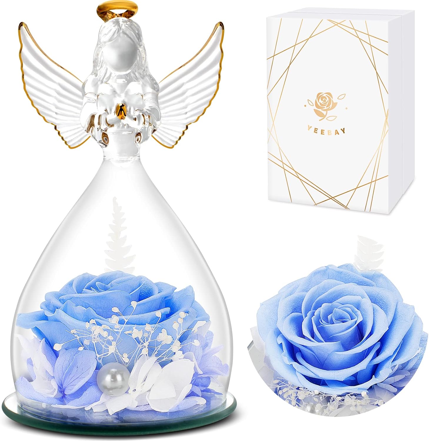Dried & Preserved Flora - YEEBAY Birthday Gifts for Women, Preserved Flowers Gifts for Mom Wife Grandma, Angel Figurine with Rose, Ideal Birthday, Anniversary, Wedding, Valentine's Day, Christmas, Thanksgiving Day Gift for Her