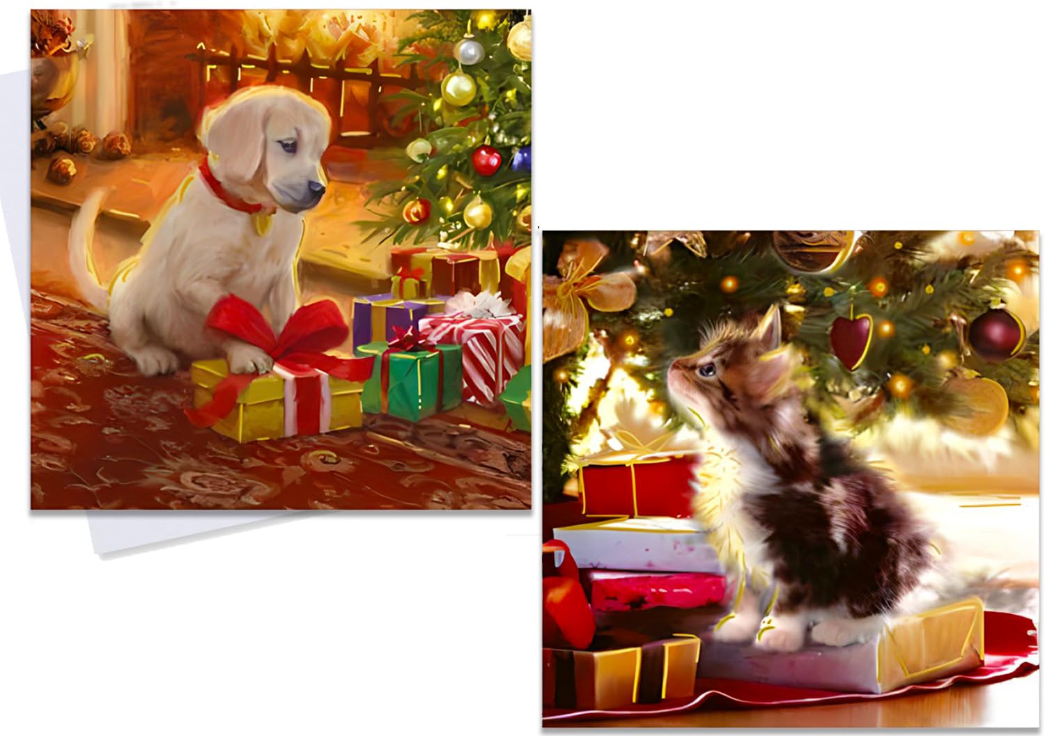 Traditional Christmas Card Kitten & Puppy Under the Christmas Tree Festive Theme Gift Cards Assorted - 24 Cards in 2 Designs & Envelopes