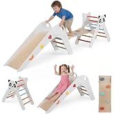 GLACER Pikler Triangle Set, Panda-Themed Montessori Toddler Climbing Toys Indoor with Ladder, Tunnel, Slide, Ramp, Fun Blocks, Foldable Wooden Climber Jungle Gym for Kids (White)