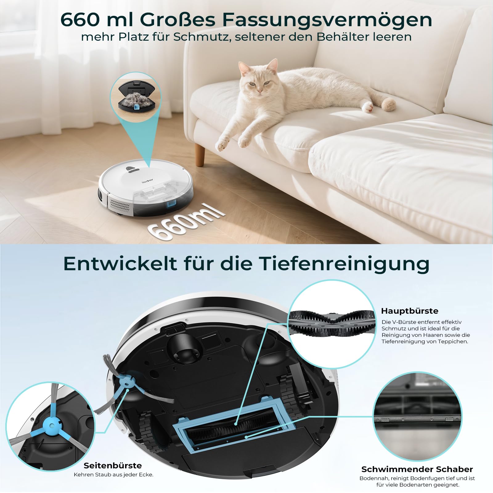 Redkey E6 Saugroboter mit 7000 Pa Saugkraft, Dynamische Navigation, Bis zu 170 Min Laufzeit, Roboterstaubsauger mit Ladestation, Fernbedienung und APP, Ideal für Tierhaare,Teppich,Hartboden 8