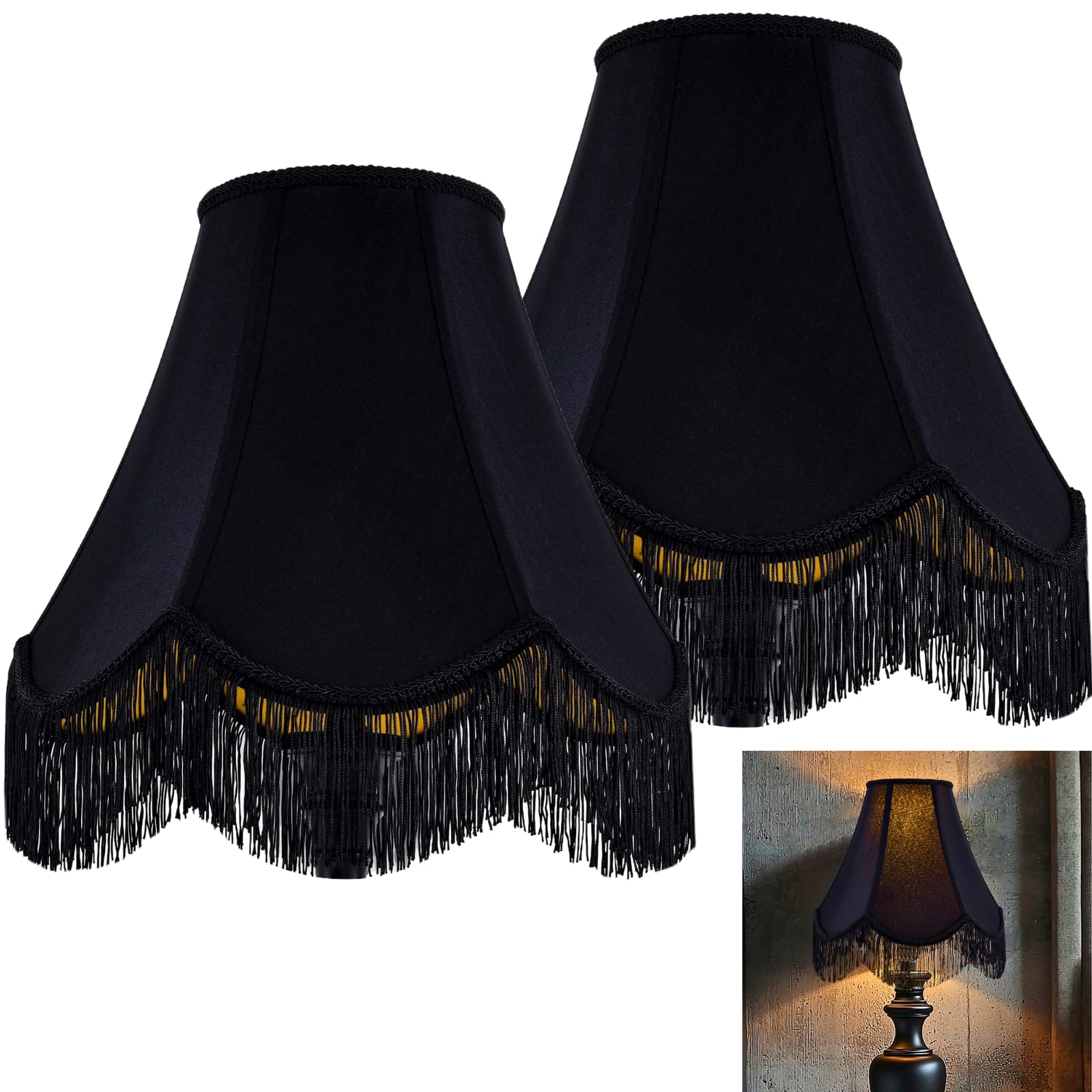 Photo 1 of GO&SO Black Silk Bell Lamp Shades Set of 2 -Petal Edge Braid with Black Fringe Trim, 6"x13"x10.6"(Spider), Classic Scalloped Lamp Shade, Replacement Lampshades for Table, Floor Lamps, Easy Assembly
