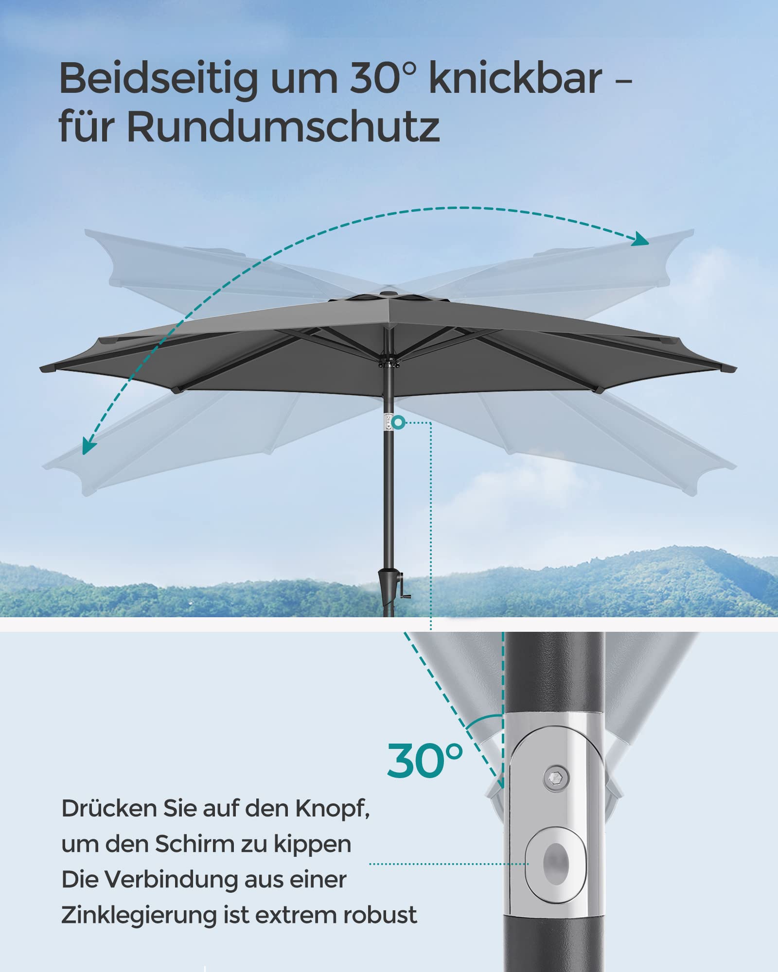 SONGMICS Gartenschirm Ø 300 cm, Marktschirm, UV-Schutz bis UPF 50+, Terrassenschirm klappbar mit Kurbel, ohne Ständer, Garten, Balkon, Terrasse, grau GPU30GYV1 4