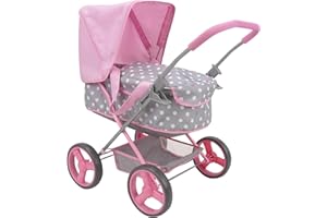 509 Crew: Cotton Candy Pink: Doll Pram - Pink, Grey, Polka Dot - for Dolls Up to 18'', Foldable, Removable Bassinet, Shopping Basket, Kids, Ages 3+