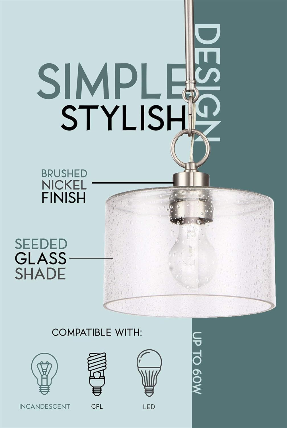 Kira Home Avalon 7.5" Modern Pendant Light + Seeded Glass Shade, Adjustable Height, Brushed Nickel Finish - - 