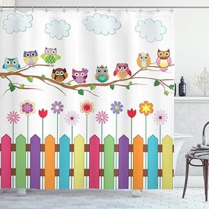 Ambesonne Owls Shower Curtain, Owls on a Branch Sunny Day in Countryside Farmhouse Fences Wildflowers Holidays Art, Cloth Fabric Bathroom Decor Set with Hooks, 84" Long Extra, White Pink