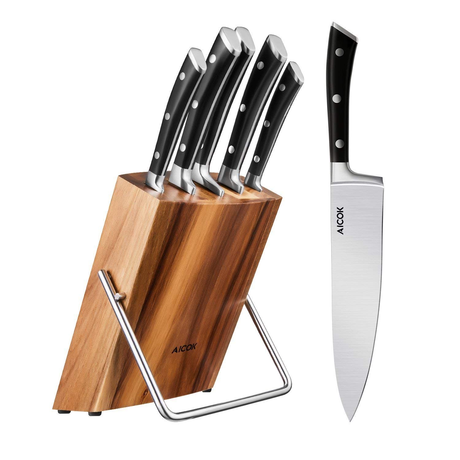 Kitchen Knife Set, Professional 6-Piece Knife Set with Wooden Block Germany High Carbon Stainless Steel Cutlery Knife Block Set, by Aicok