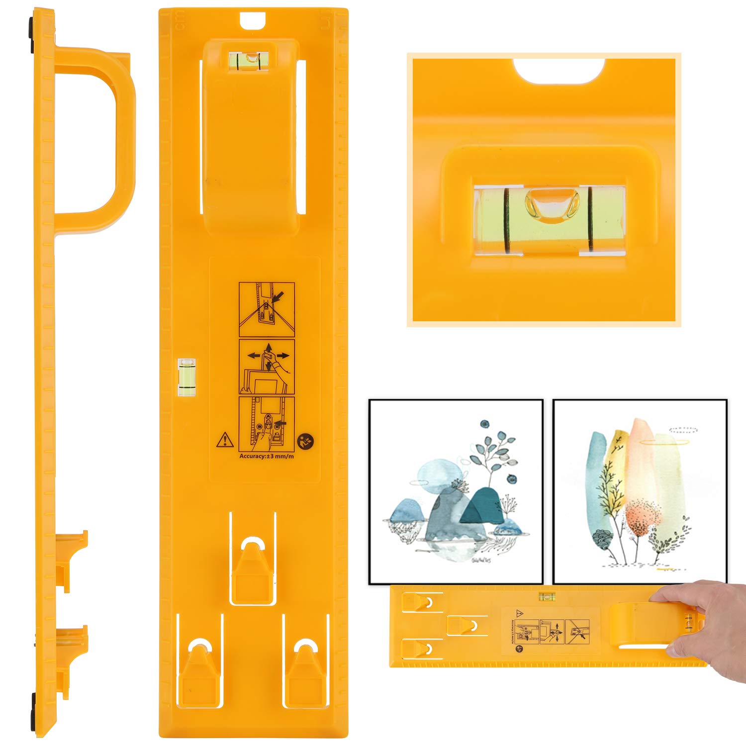 Picture Hanging Tool, Picture Frame Hanger Tools with Level Multifunctional Level Ruler for Hanging Pictures, Mirrors, Clocks, Artwork and Socket (Upgraded Yellow)