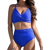 Buauty Women's Bikini Sets Two Piece High-Waisted Ruched Bathing Suit V Neck Twist Front Adjustable Straps Swim Suits