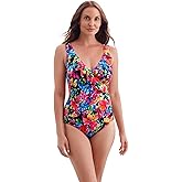 Longitude by Mimi Flamingo Women's Swimwear Blooming Bouquet Ruffle Front Surplice One Piece Swimsuit, Multi, 16