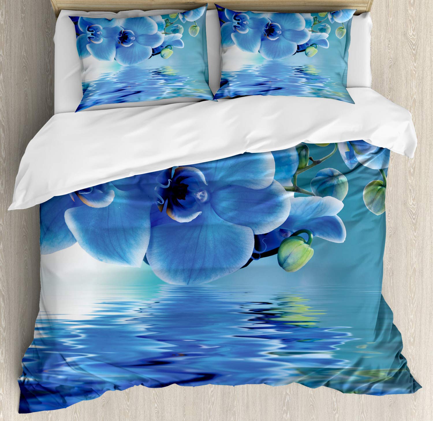 ABAKUHAUS Flower Duvet Cover Set, Orchids Natural Flowers Reflections on the Water for Spring Time Relaxing Print, Bedding Set 3 Pieces with 2 Pillow Shams, 220 x 220 cm - 75 x 50 cm, Blue — image 1