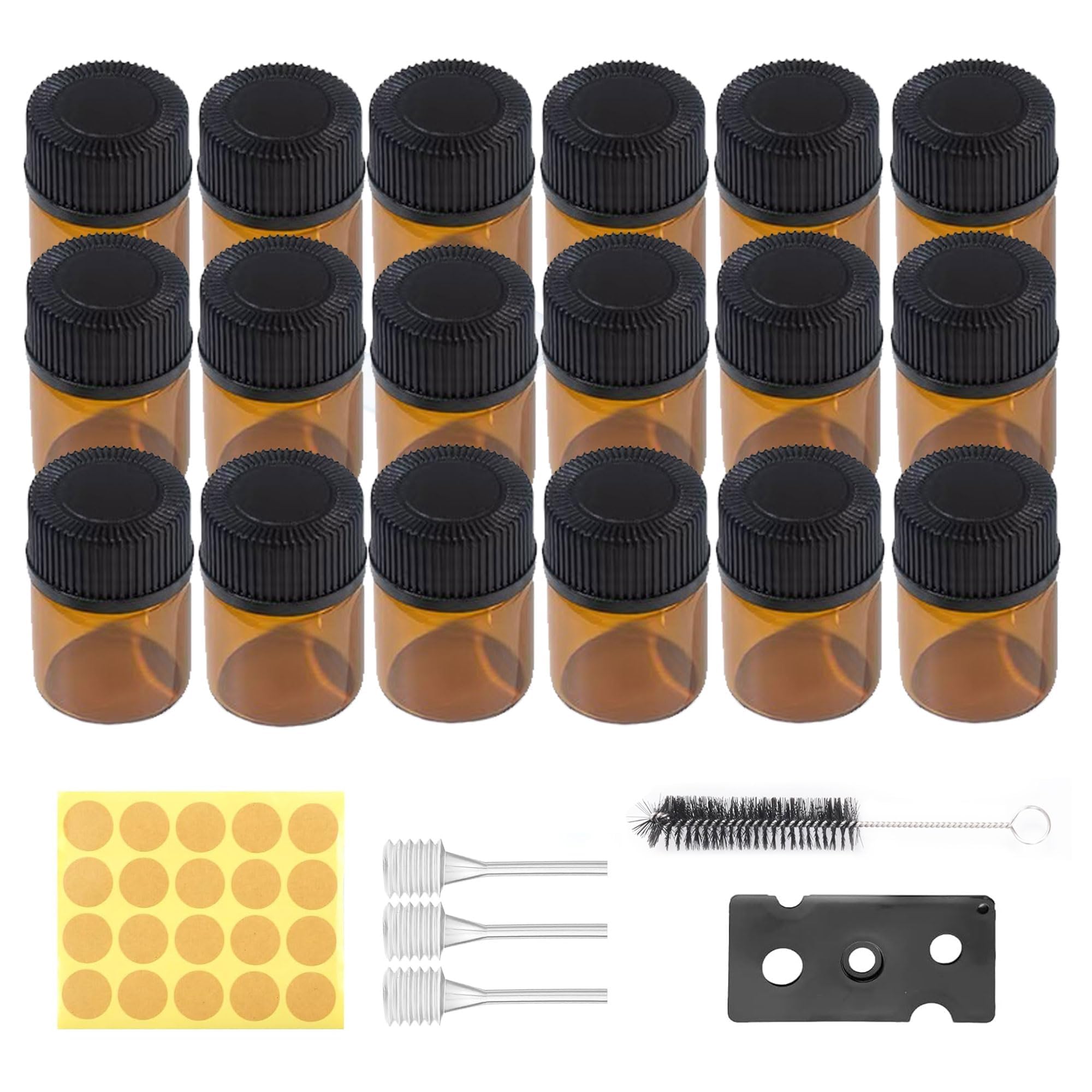 Pack of 100 Mini Brown Glass Bottles 1 ml, Comes with Brush, Bead Cutter, Straw and Stickers, Mini Brown Empty Glass Bottles for Essential Oils with Orifice for Essential Oil, Spa, Massage