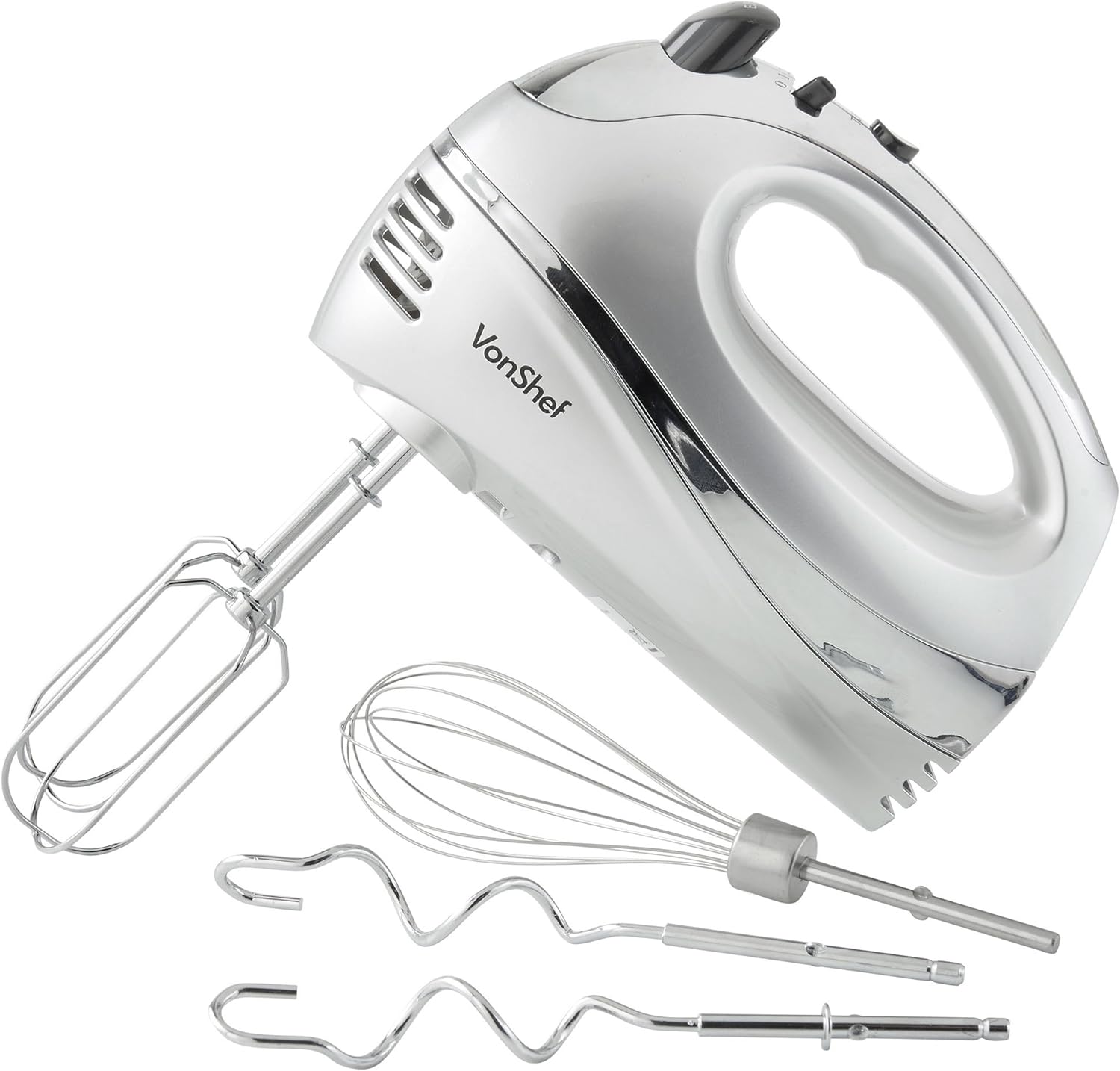 VonShef Hand Mixer Silver Professional 300W with Chrome Beaters, Dough