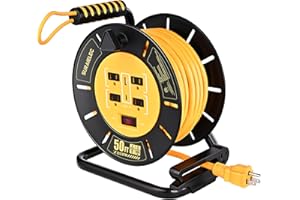 SURAIELEC 50 FT Retractable Extension Cord Reel, 12AWG Heavy Duty Power Cord with Handle Rewind, 4 Grounded Outlets, USB-A & USB-C Ports, 15A Circuit Breaker, ETL Listed for Garage, Workshop, Jobsite