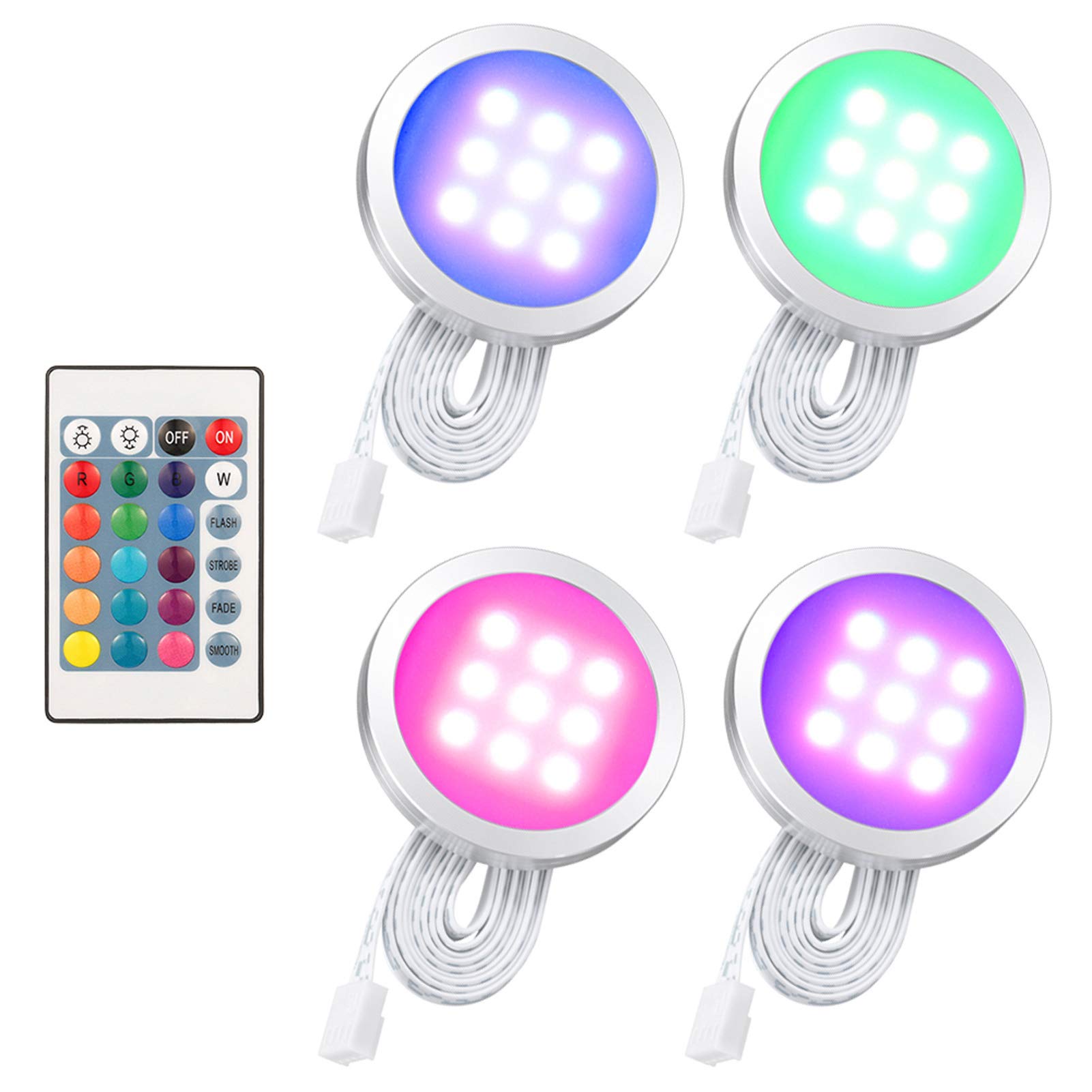 Lixada 4pcs RGB LED Cabinet Light Installation Kit with Remote Control for Bookcase Wall Cabinet Thin Round Shape Under-Unit Light Colour-Changing Dimmable Brightness Adjustable — image 1