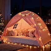 Sumbababy Toddler Bed Tent Canopy: Lights & Flags Indoor Floor Kids Play Tent Playhouse - Portable & Foldable Twin Bunk Bed Curtains - Twin Bed Tent for Girls Gifts (Pink)