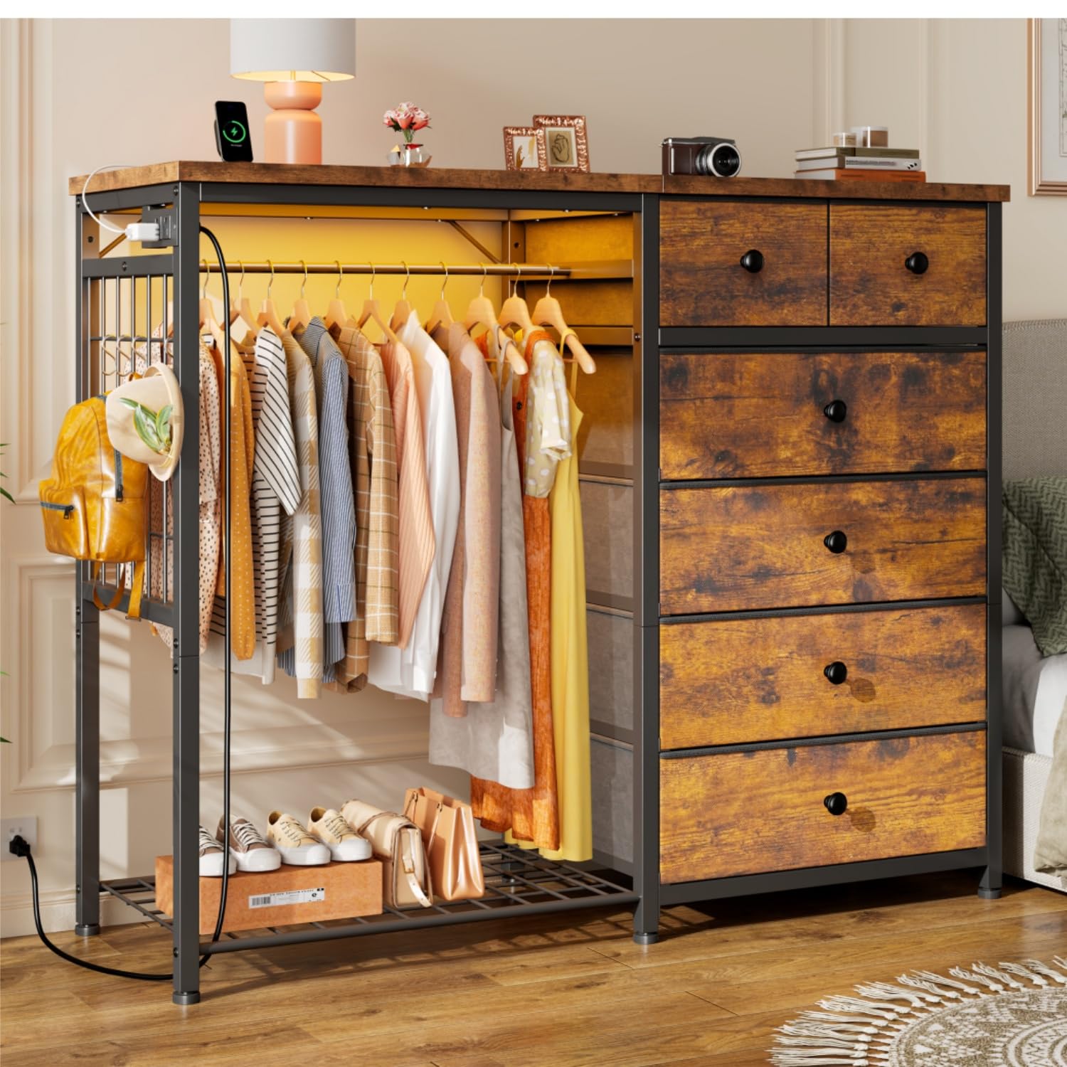 EnHomee 49.2" W Dresser with Hanging Rack & 6 Fabric Drawers – Wooden Top Organize Unit Featuring LED Lights, Charging Station & Grid Panel & Hooks for Bedroom, Rustic Brown