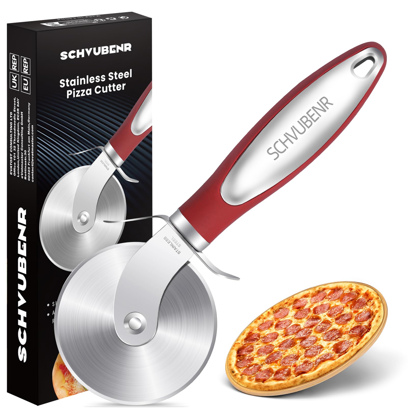 SCHVUBENR Premium Pizza Cutter Wheel - Stainless Steel Sharp Pizza Slicer - Easy to Cut & Clean - Dishwasher Safe - Handle Large & Small Pizza - Red