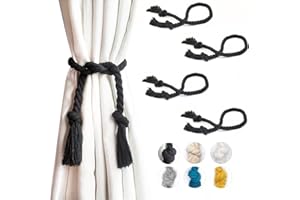 Yteseery 4 Pack Curtain Ties, Outdoor Curtain Tiebacks Rope for Patio Gazebo Pergola Cabana, Natural Cotton Curtain Holders, Village Rural Rustic Farmhouse Curtain Holdbacks for Drapery, Black
