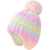 Girls Winter Knit Beanie with Pom & Ear Flaps - Warm Fleece Lined Hat (Ages 3-12), Colorful Cable Knit, Cuffed Edge