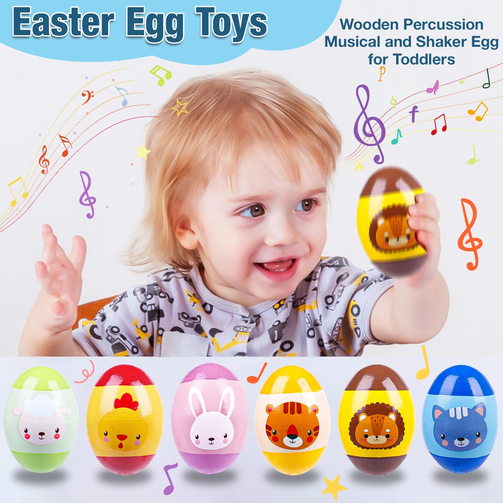 Exun 6 Pack Wooden Percussion Musical Animal Shake Eggs Easter Egg Shakers for Kids Boys Girls Toddlers Easter Gifts, Easter Basket Stuffers Fillers, Party Favors, Easter Hunt, Classroom Prize