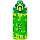 Zak Designs Sage Minecraft Kids Water Bottle For School or Travel, 16oz Durable Plastic Water Bottle With Straw, Handle, and 