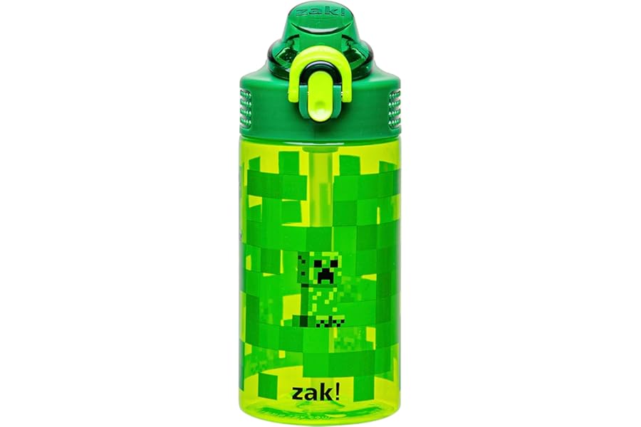 Zak Designs Sage Minecraft Kids Water Bottle For School or Travel, 16oz Durable Plastic Water Bottle With Straw, Handle, and Leak-Proof, Pop-Up Spout Cover (Creeper)
