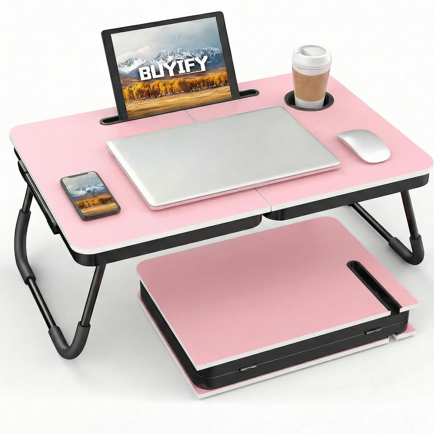 Photo 1 of BUYIFY Foldable Laptop Bed Desk for Couch, Sofa - Large Lap Desk Tray Table with Cup Holder and Tablet Slot - Portable Notebook Stand for Eating, Writing, Studying and WFH (Pink)