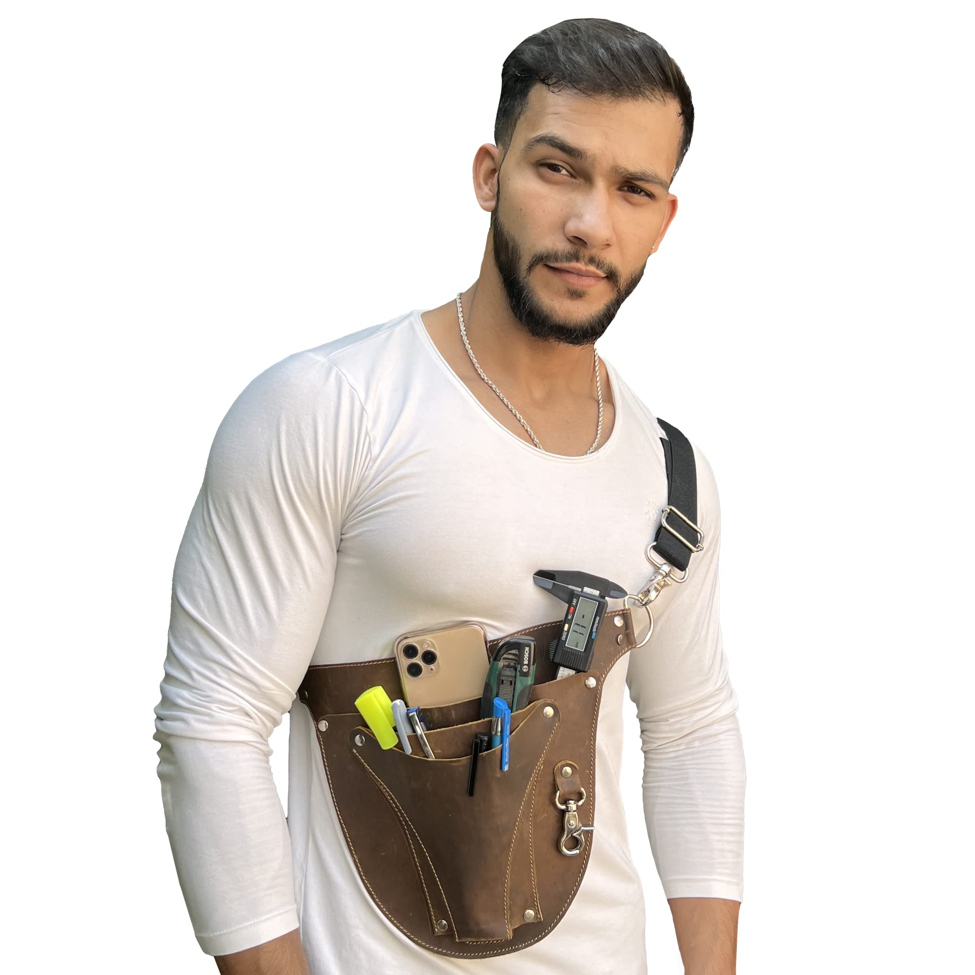 Hulara Top Grain Buff Leather 3 Pocket Tool Pouch Organizer for Florist,Gardener, Carpenter, Builders, Adjustable Belt,Colour -Brown.