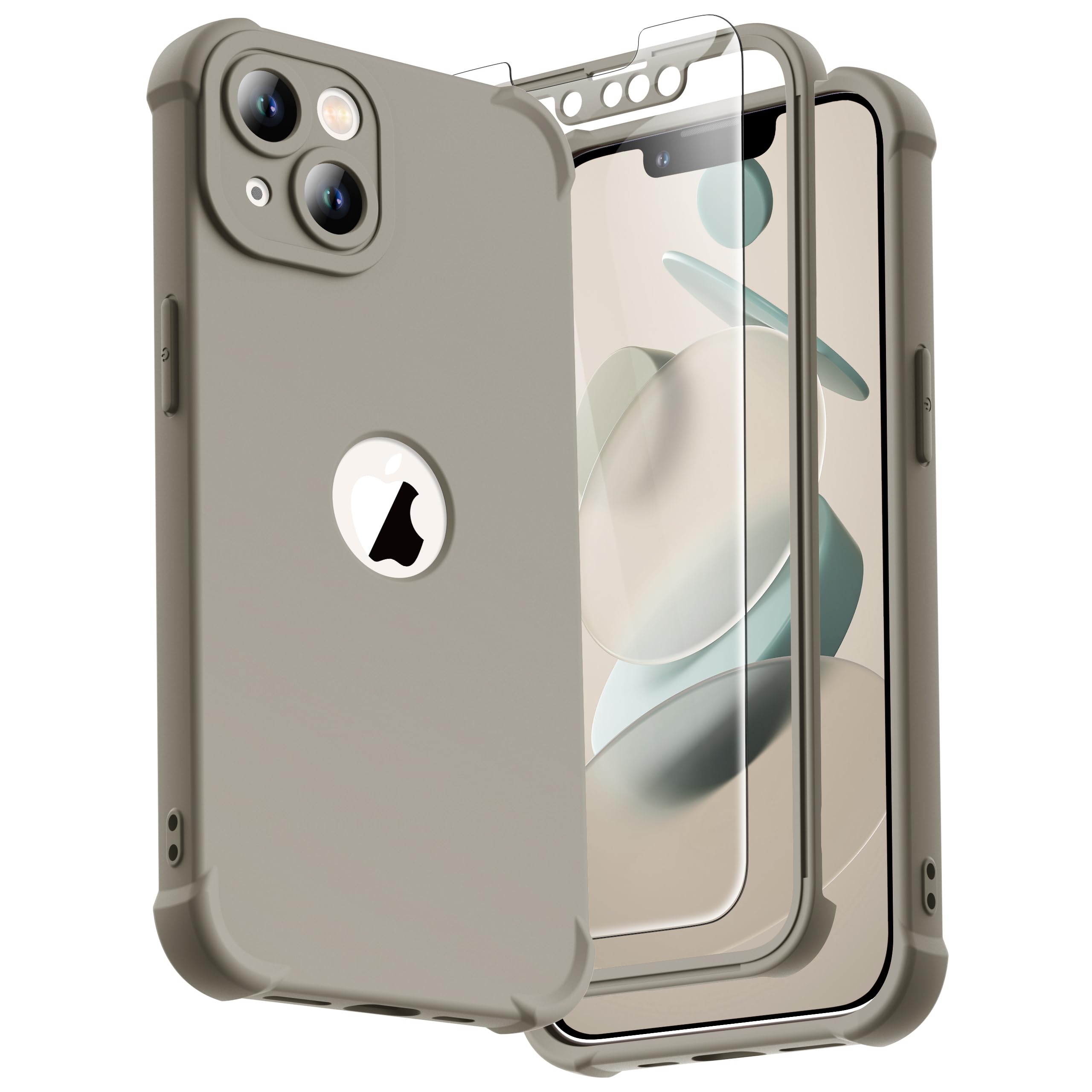 ORETECH for iPhone 13 Case, with [2 Pack Tempered Glass Screen Protector] [Camera Lens Guard] [15FT Military Grade Drop Test] 360° Shockproof Slim Fit Rubber Bumper Phone Cover - Stone — image 1