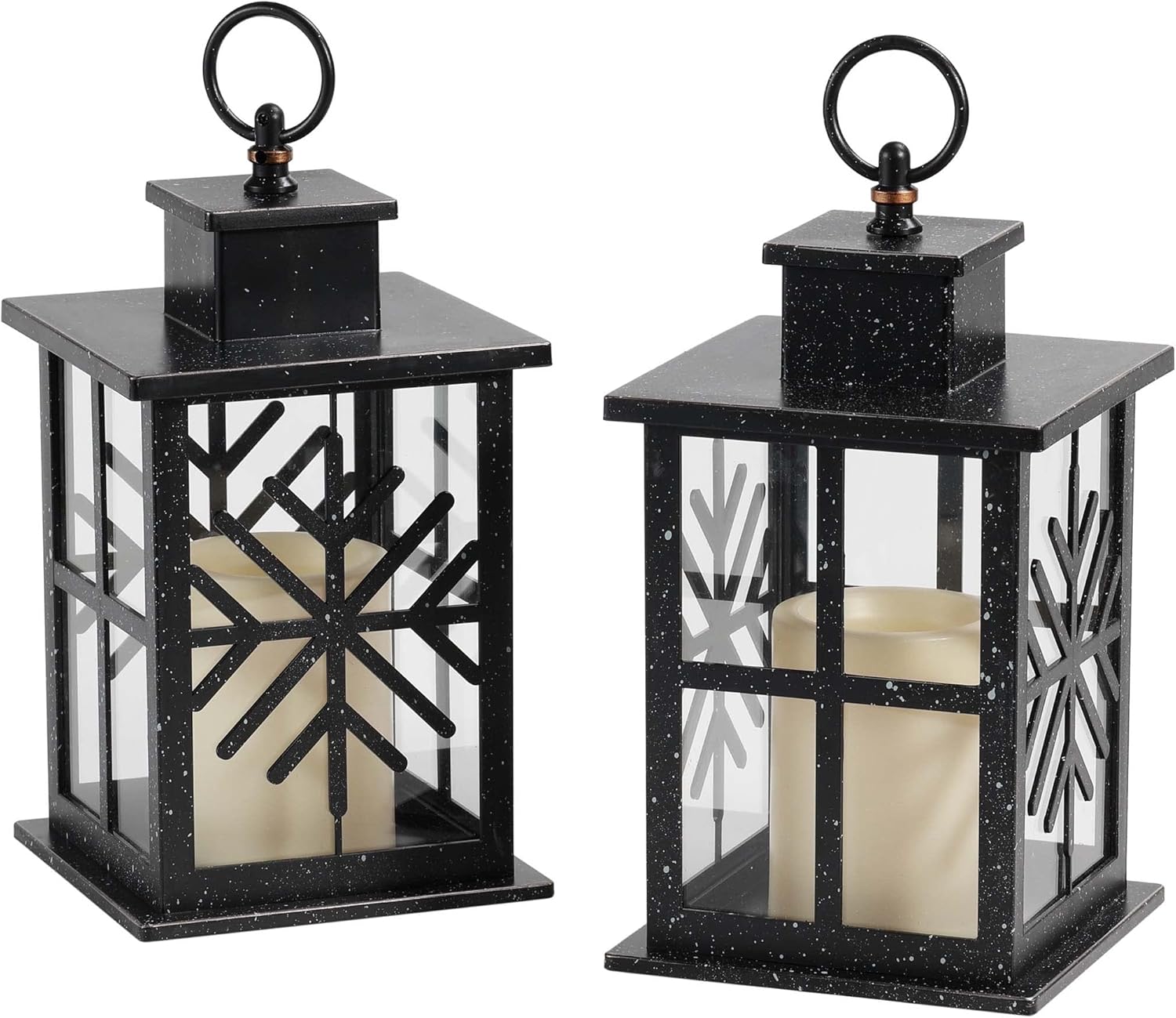 Candles & Holders - MOZEAL 11 High ABS and Glass Decorative Hanging Lanterns, Set of 2 - Black Lanterns with LED Flickering Candles, 6-Hour Timer, Battery Powered, Snowflake Pattern for Christmas - Ideal for Indoor Tab