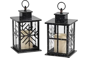 MOZEAL 11 High ABS and Glass Decorative Hanging Lanterns, Set of 2 - Black Lanterns with LED Flickering Candles, 6-Hour Timer, Battery Powered, Snowflake Pattern for Christmas - Ideal for Indoor Tab