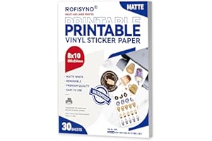 8x10 Printable Vinyl Sticker Paper Waterproof, Removable Self Adhesive Vinyl Sticker Sheets for Inkjet and Laser Printer, 30 