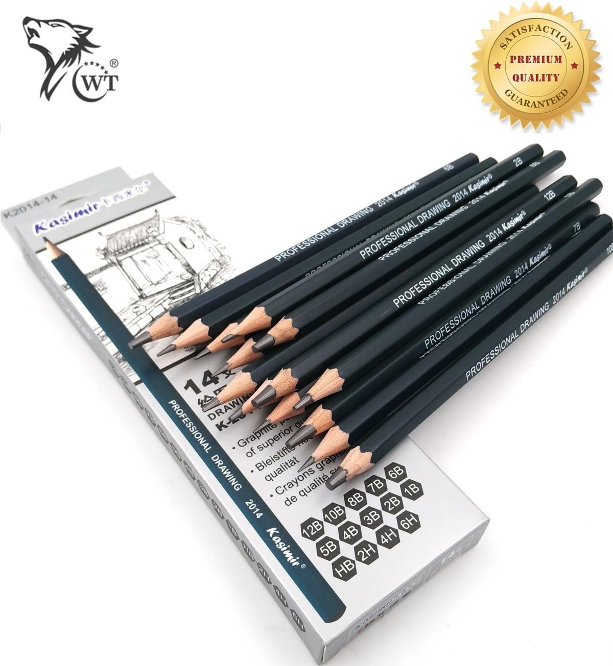 WT Sketching Pencil Set - 14PCS/Set Includes 12B 10B 8B 7B 6B 5B 4B 3B 2B B HB 2H 4H 6H HB - Professional Sketch Pencils Set for Drawing