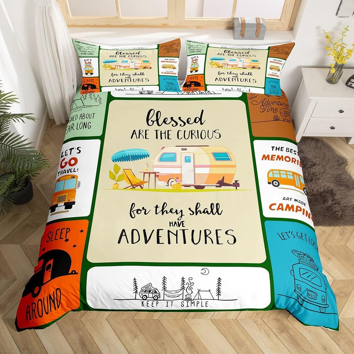 Camping Travel Car Bedding Set Camper Comforter Cover for Kids Boys Girls Teens Happy Camping Duvet Cover Bedspread Cover Decor Vintage Wooden Double Size — image 1