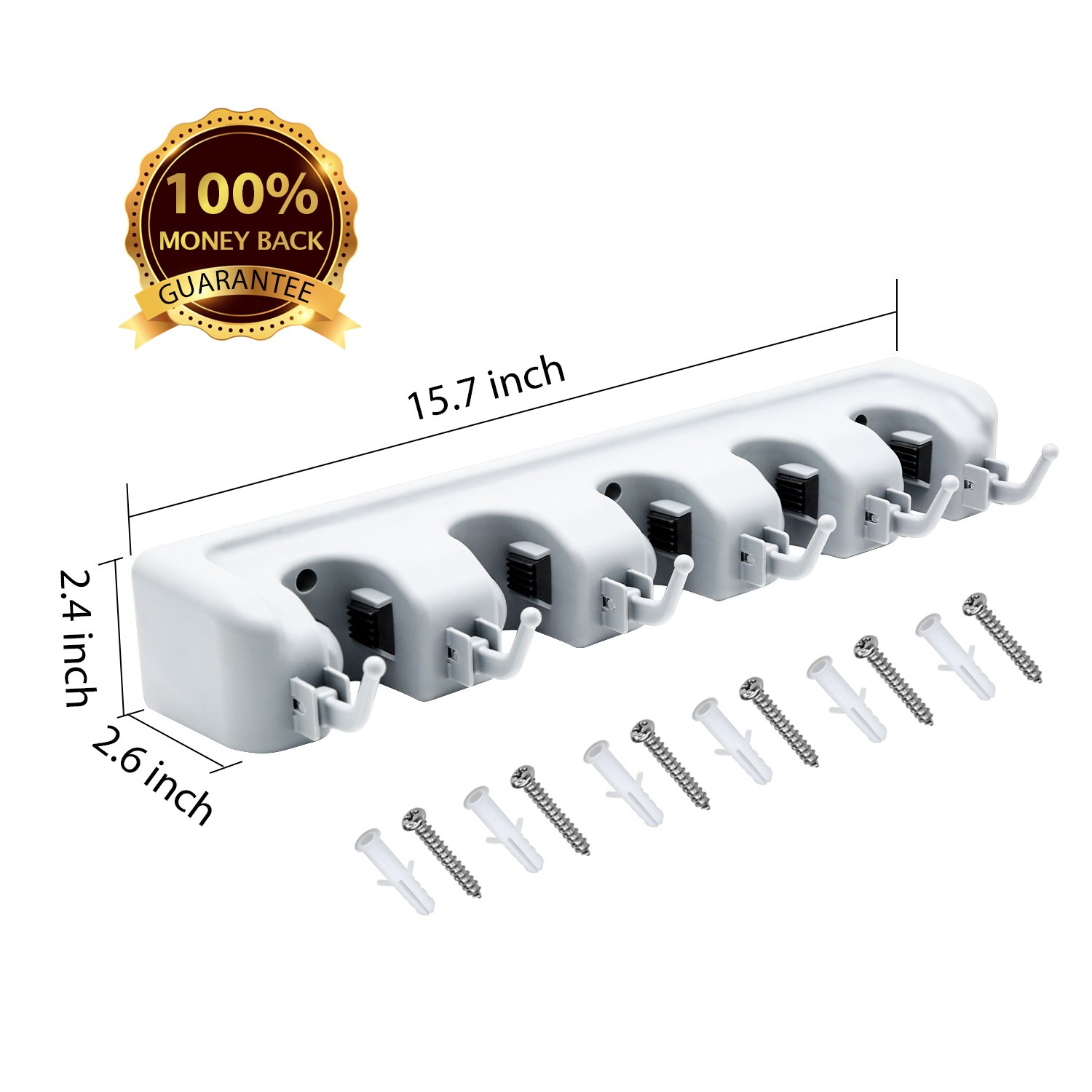 LETMY Broom Holder Wall Mounted - Mop and Broom Hanger Holder - Garage Storage Rack&Garden Tool Organizer - 5 Position 6 Hooks for Home, kitchen, Garden, Tools, Garage Organizing