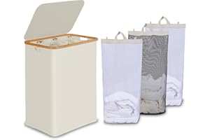 efluky Laundry Hamper with Lid, Trio Laundry Hamper with 3 Removable Bags, 3 Section Laundry Basket with Bamboo Handles for B