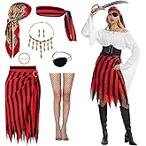 GFNWERTD Women Pirate Costume Adult Pirate Skirt Set with Head Scarf Eye Patch Skeleton Necklace for Halloween Cosplay