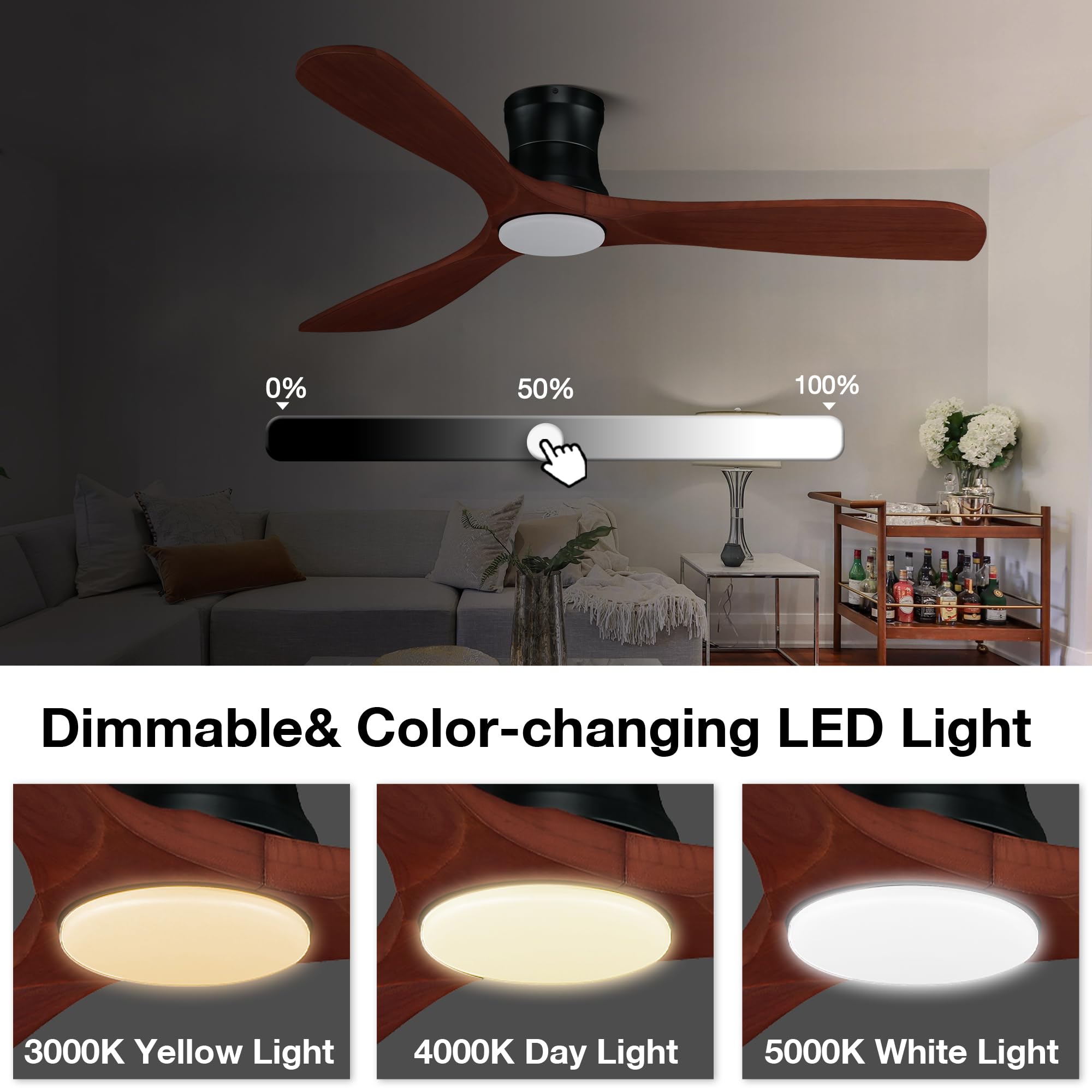 Hoenofly 52” Smart Wood Flush Mount Ceiling Fans with Lights Remote,Quiet DC Motor,Outdoor Indoor Low Profile Ceiling Fan,Voice WIFI Alexa App Control,Dimmable,6-speed,for Modern Bedroom Patio