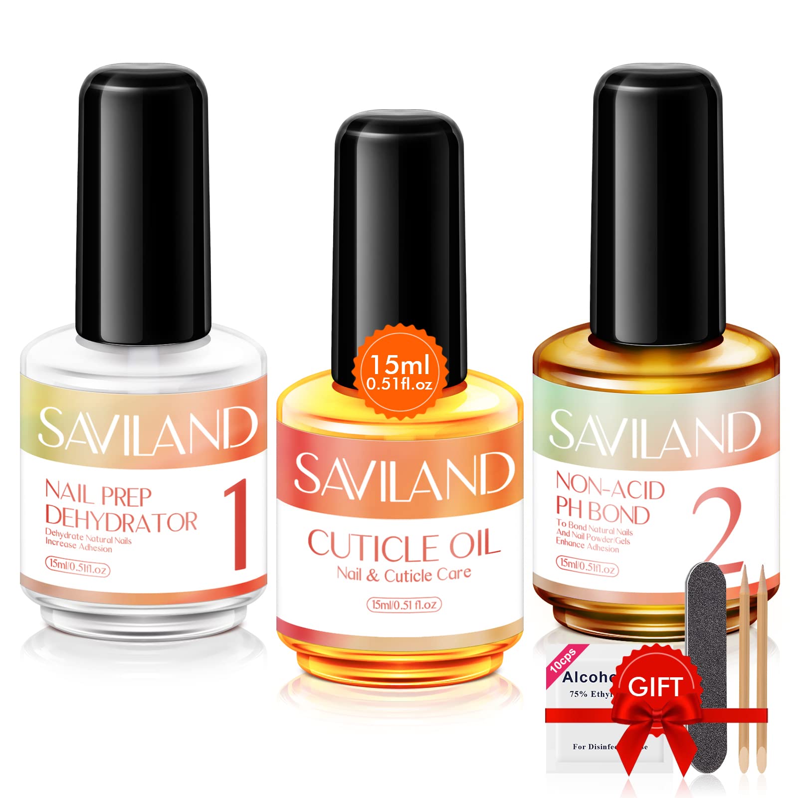 Saviland Nail Dehydrator and Primer Set, 3Pcs 15ml Acid Free Gel Nail Polish Dehydrate and PH Bond Cuticle Oil, Nail Prep Set for Acrylic Powder Poly Gel Builder Gels, Manicure Base Bond