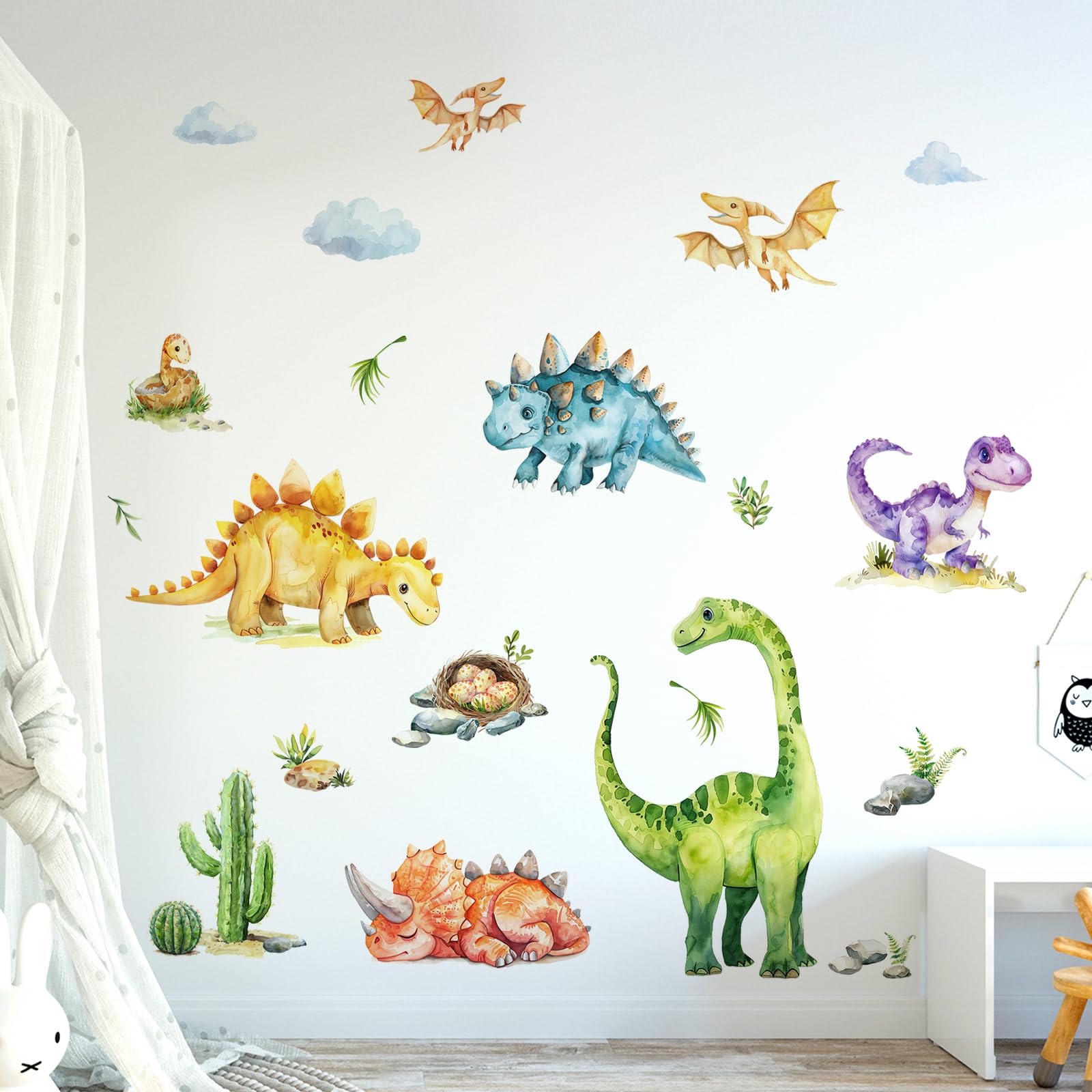Tanlaby Dinosaur Wall Stickers Watercolor Dino Tropical Plants Wall Decals Peel and Stick Decor for Baby Nursery Boys Kids Girls Toddler Bedroom Playroom Classroom
