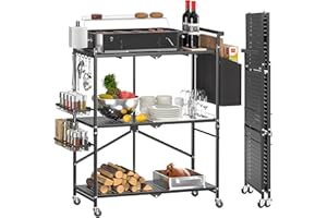 DTUQYX Foldable Outdoor Grill Cart with 3-Tier,Grill Cart,Grill Table for Outside with 2 Total Lock Casters，Pizza Oven Stand Table，Rolling BBQ Table and Folding Kitchen Island, Black
