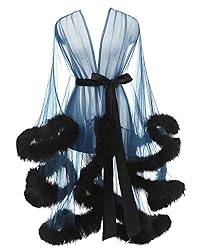 Women Tulle Feather Christmas Robe Sexy Sheer Mesh