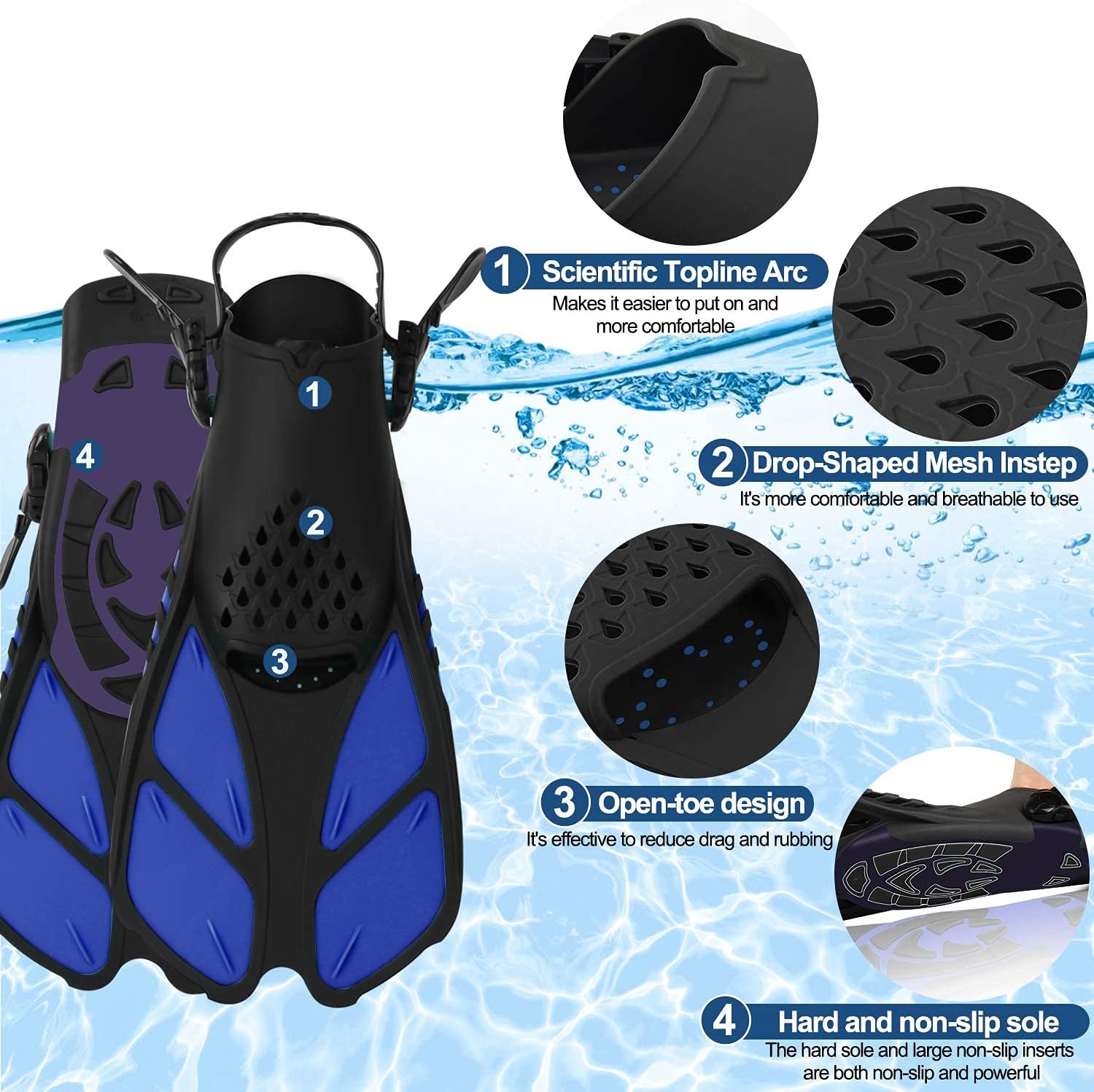 Greatever Snorkel Fins Adjustable Buckles Open Heel Swim Flippers Travel Size Short Swim Fins for Snorkeling Diving Swimming Adult Men Womens : Sports & Outdoors